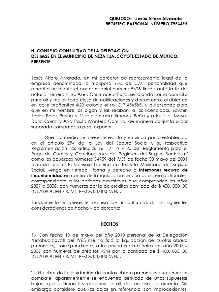 Recurso De Inconformidad Ante El Imss