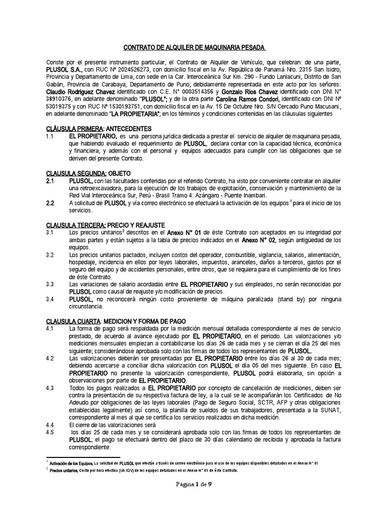 CONTRATO - Alquiler de Una Retroexcavadora | PDF | Póliza de seguros ...