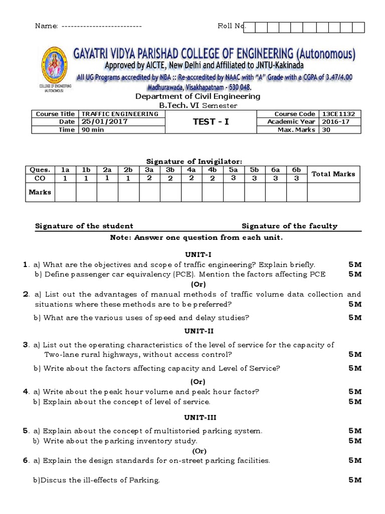Test I Course Title Traffic Engineering Course Code 13CE1132 Date
