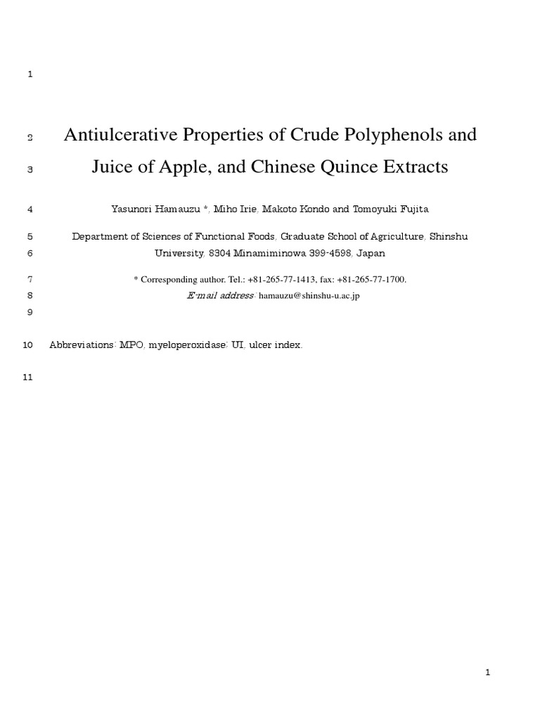 Antiulcerative Properties of Crude Polyphenols and Juice of Apple, and Chinese Quince Extracts
