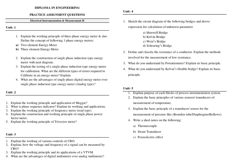 Practice Assignment Questions: Diploma in Engineering Unit: 4 | PDF ...