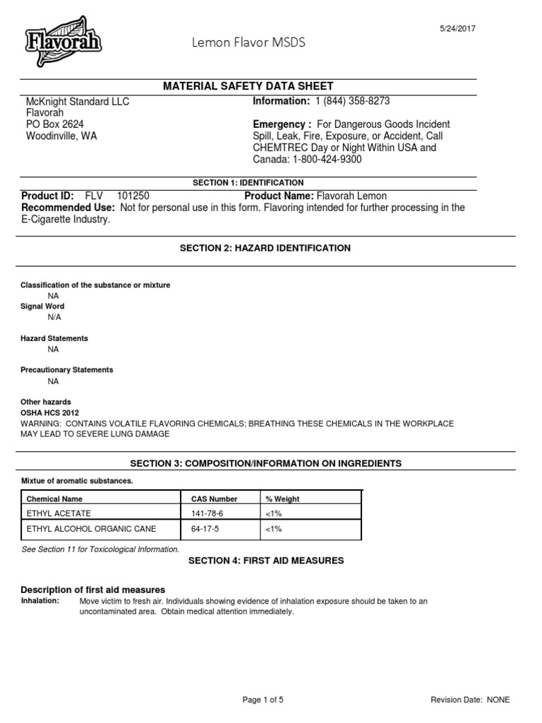 Lemon Flavor MSDS Material Safety Data Sheet PDF Personal Protective Equipment Firefighting
