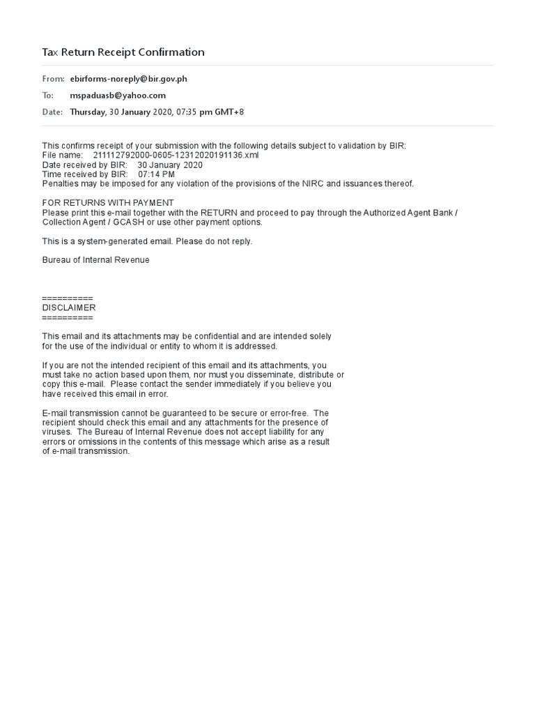 Tax Return Submission Confirmation Email | PDF | Business | Law