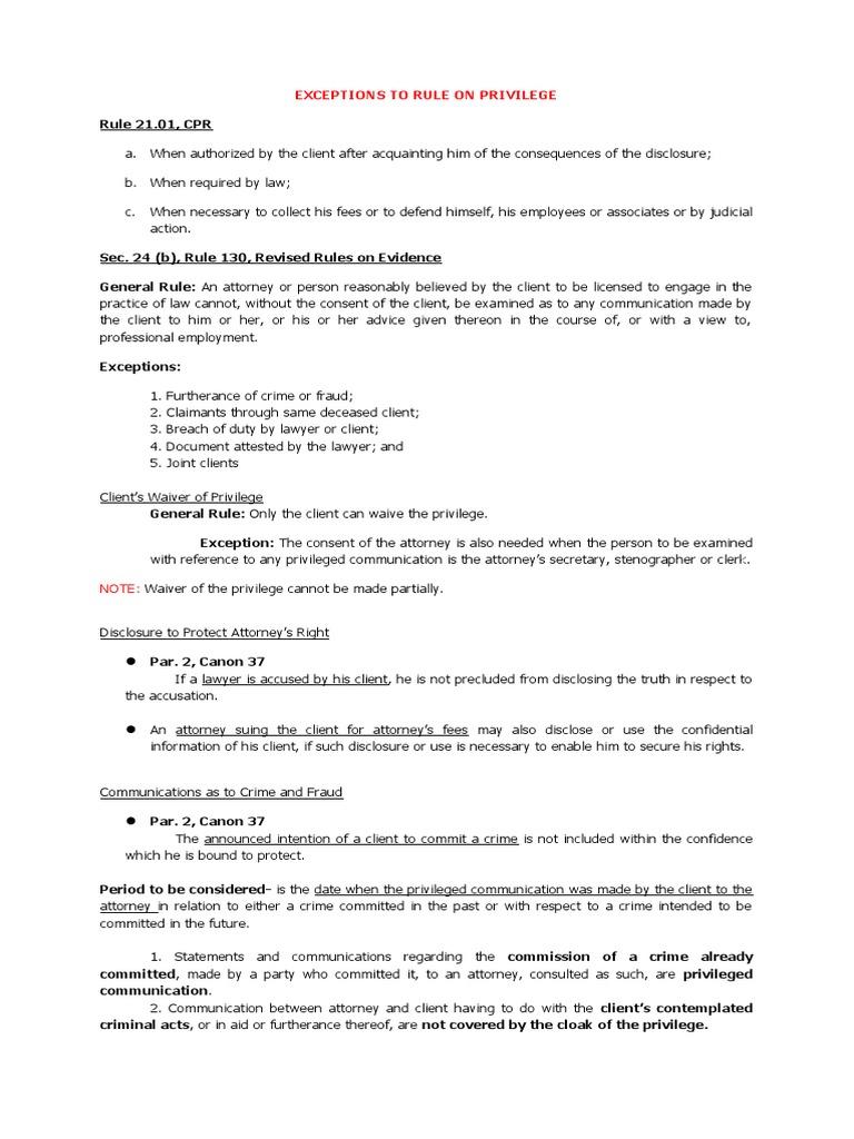 Exceptions To Rule On Privilege PDF Lawyer Common Law