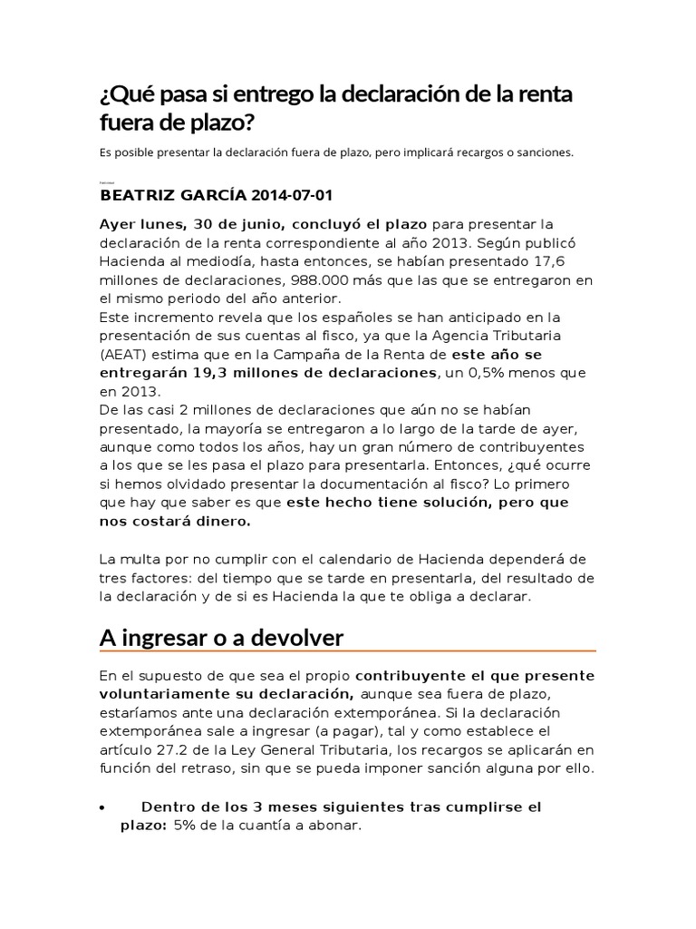 Qué Pasa Si Entrego La Declaración de La Renta Fuera de Plazo | PDF ...