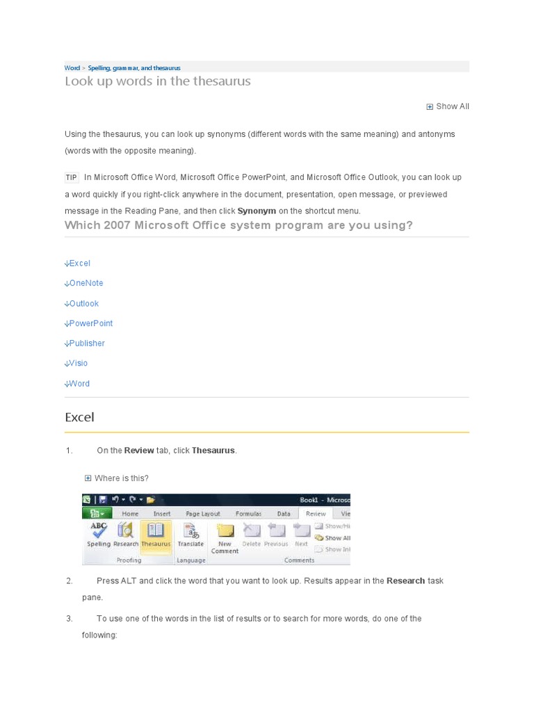Look Up Words in The Thesaurus PDF Microsoft Office Proprietary