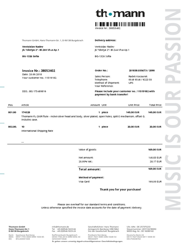 Invoice NR. 38053402 Thomann GMBH, HansThomannStr. 1, D96138