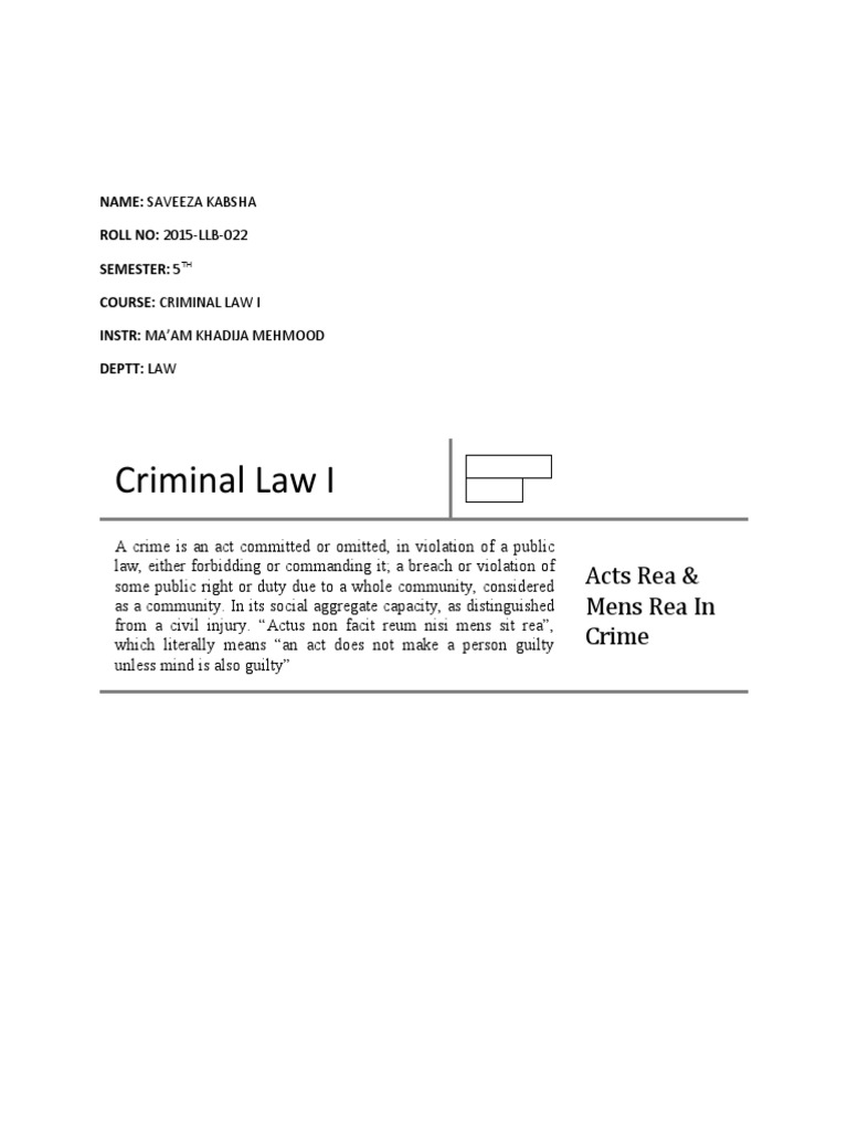 Acts Rea & Mens Rea in Crime PDF Mens Rea Recklessness (Law)