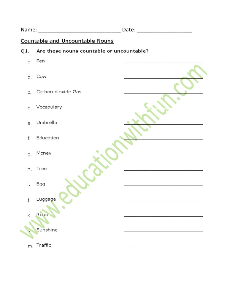 Countable and Uncountable Nouns Worksheet | PDF | Language Arts ...
