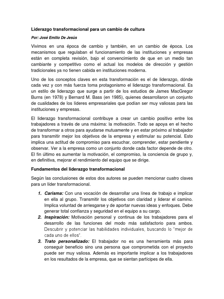 Liderazgo Transformacional para Una Cultura de Cambio PDF | PDF ...
