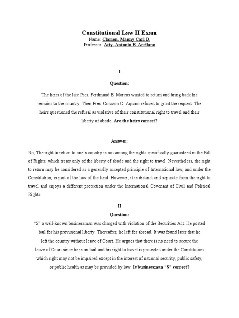 Constitutional Law II Exam - Clarion | PDF | Academic Freedom | Bail