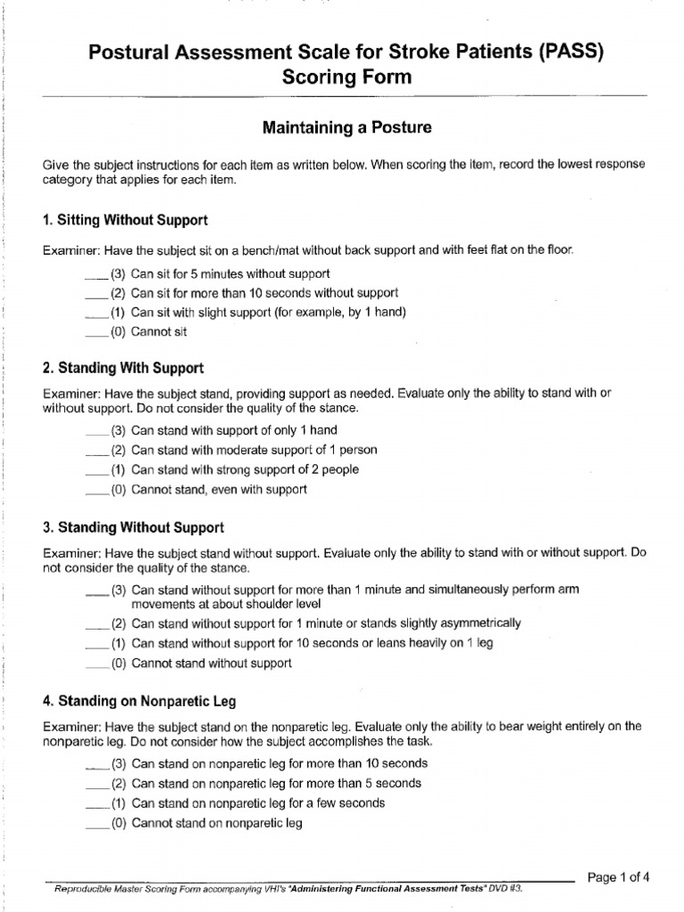 Postural Assessment Scale For Stroke Patients PASS | PDF