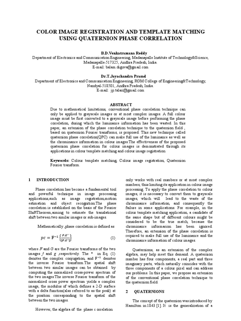 Quaternion Phase Correlation for Color Images | PDF | Complex Number ...