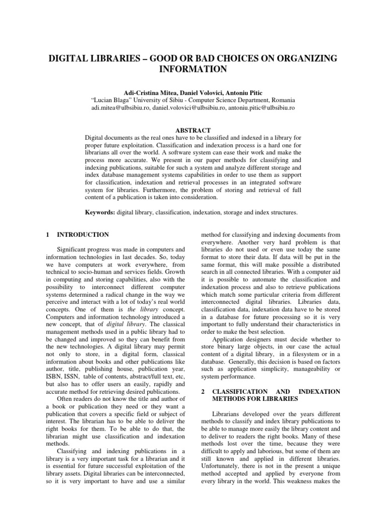 DIGITAL LIBRARIES - GOOD OR BAD CHOICES ON ORGANIZING INFORMATION ...