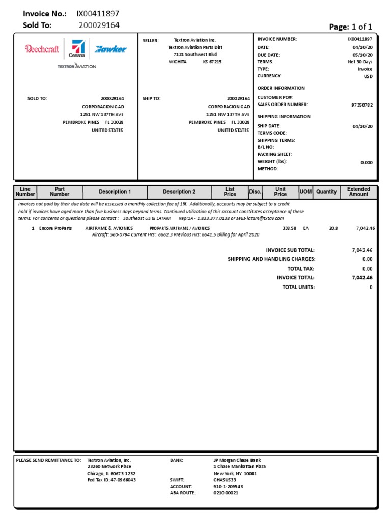 Textron Aviation Invoice Details | PDF | Invoice | Financial Services