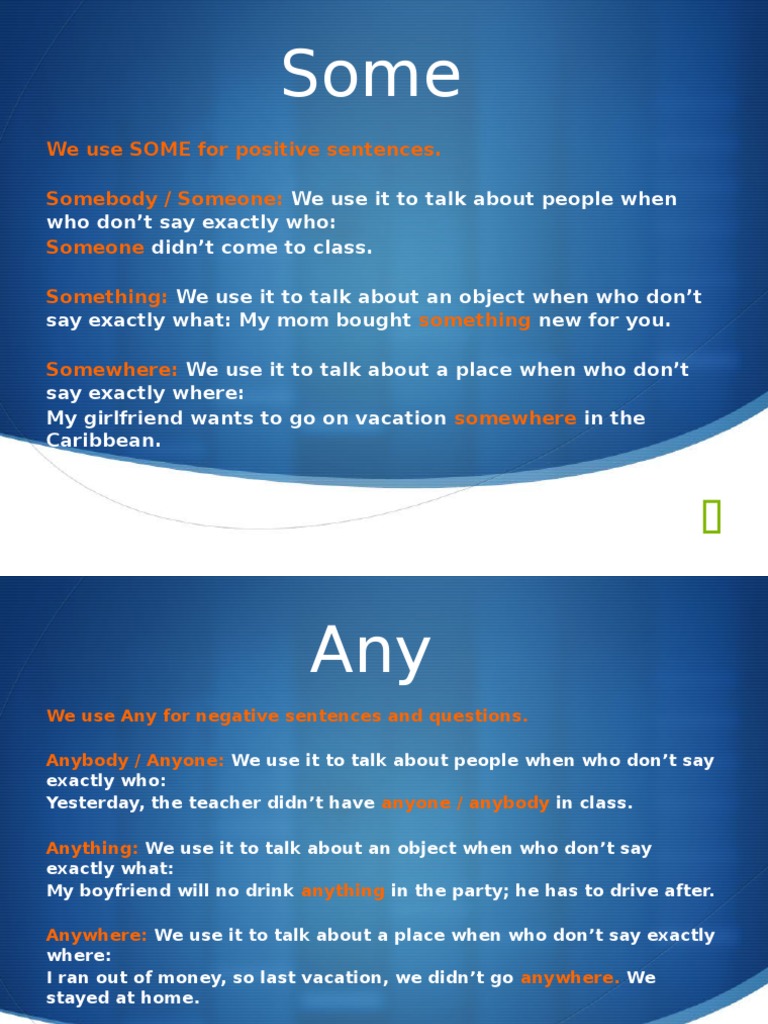 We Use SOME For Positive Sentences Somebody / Someone: Someone
