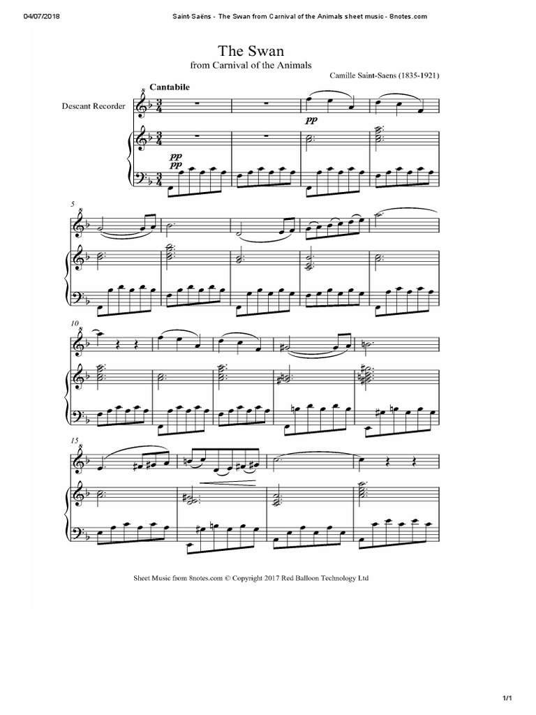 The Swan from The Carnival of the Animals Sheet music for Piano, Violin  (Solo)