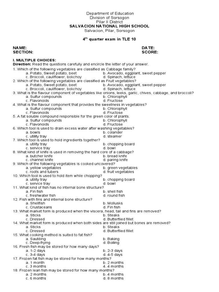 Grd 10 4th Quarter Exam Cookery Pdf Vegetables Cooking