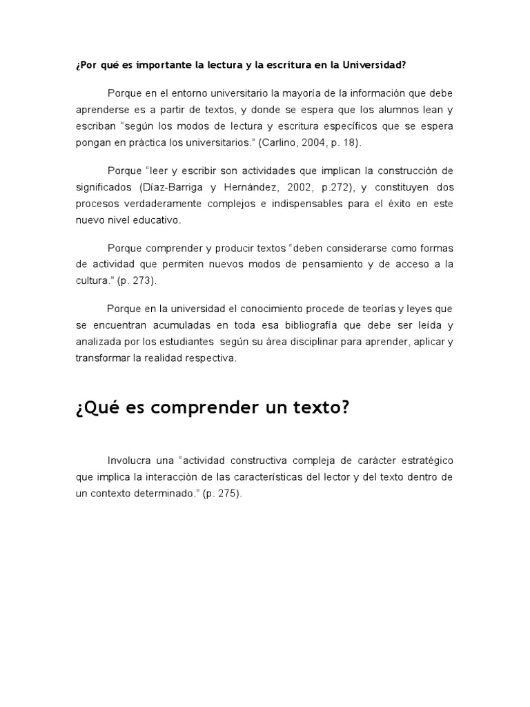 Importancia de la lectura y escritura universitaria | PDF | Aprendizaje ...
