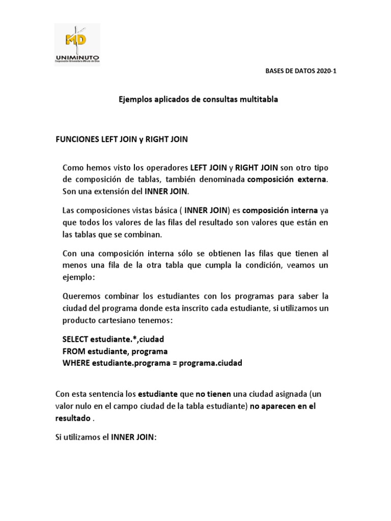 Ejemplos de Consultas SQL Multitabla | PDF | Gestión de datos | Bases ...