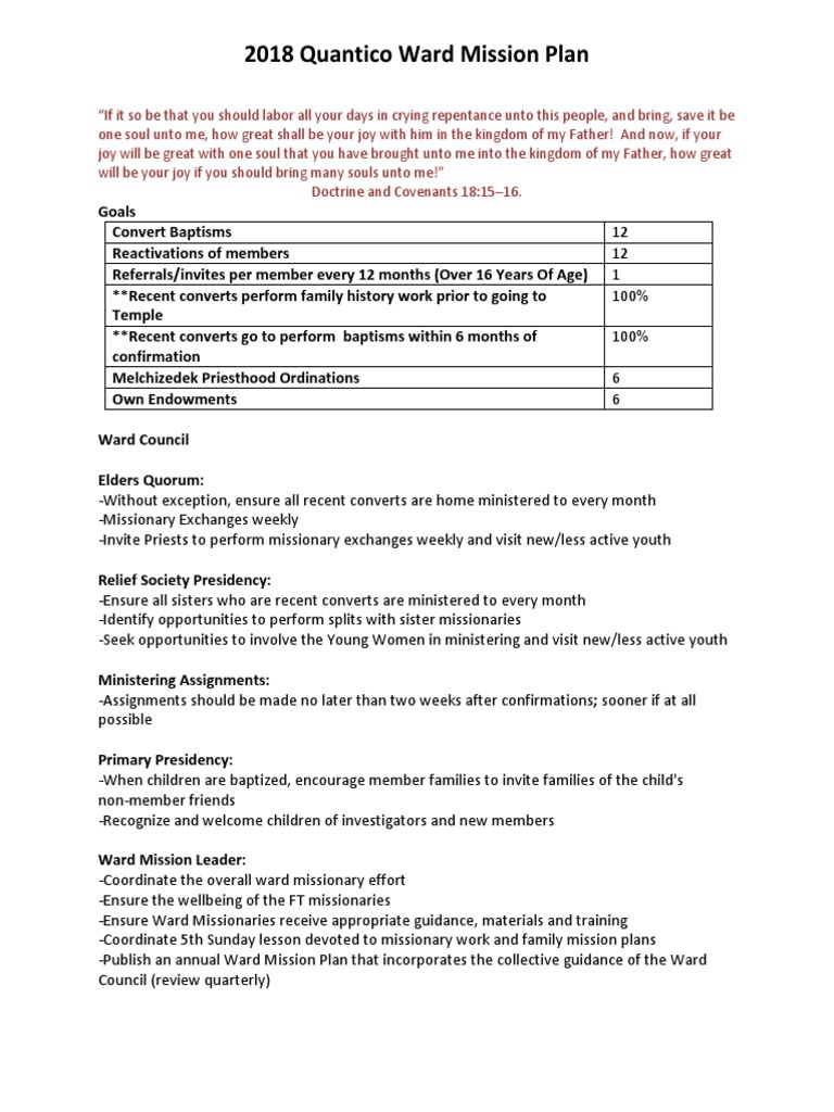 2018 Ward Mission Plan Master PDF Missionary (Lds Church