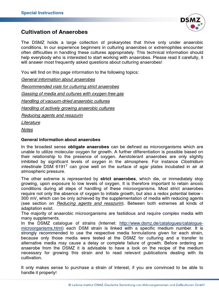 Cultivation of Anaerobes Special Instructions PDF Growth Medium