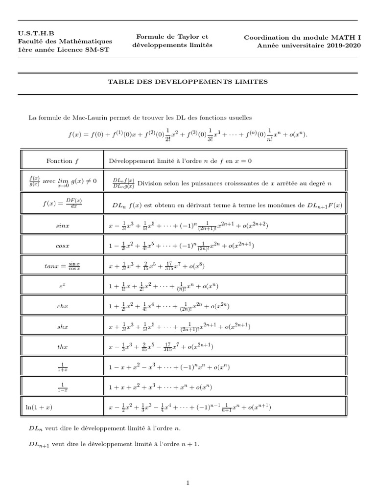 Développements Limités Usuels en Mathématiques | PDF | Enseignement des ...