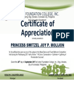 Certificate of Appreciation: Princess Switzel Joy P. Molijon