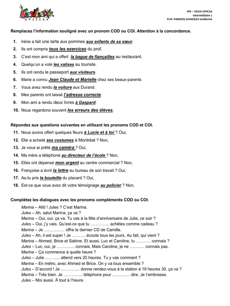 Les Pronoms Personnels Cod Et Coi Exercices Pdf Cod Coi Exercices PDF | PDF | Échecs | La violence