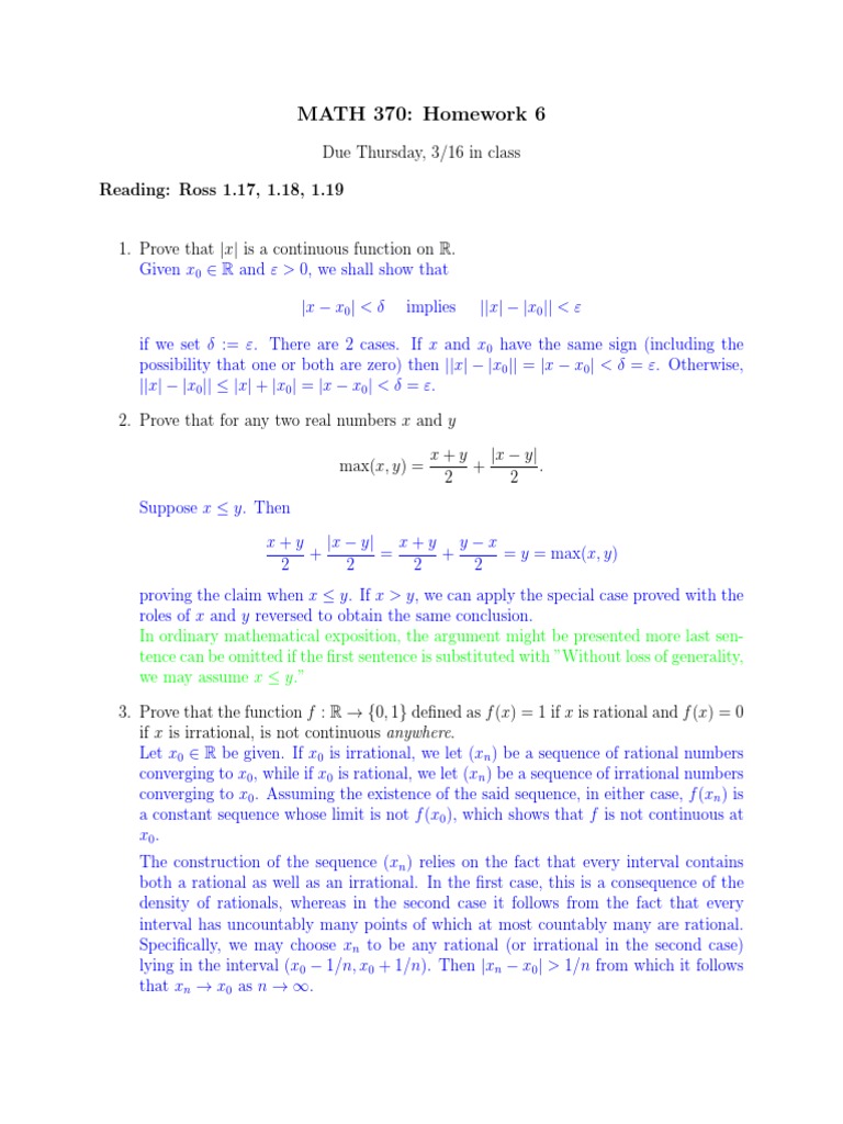 MATH 370 Homework 6 Solutions | PDF | Continuous Function | Sequence
