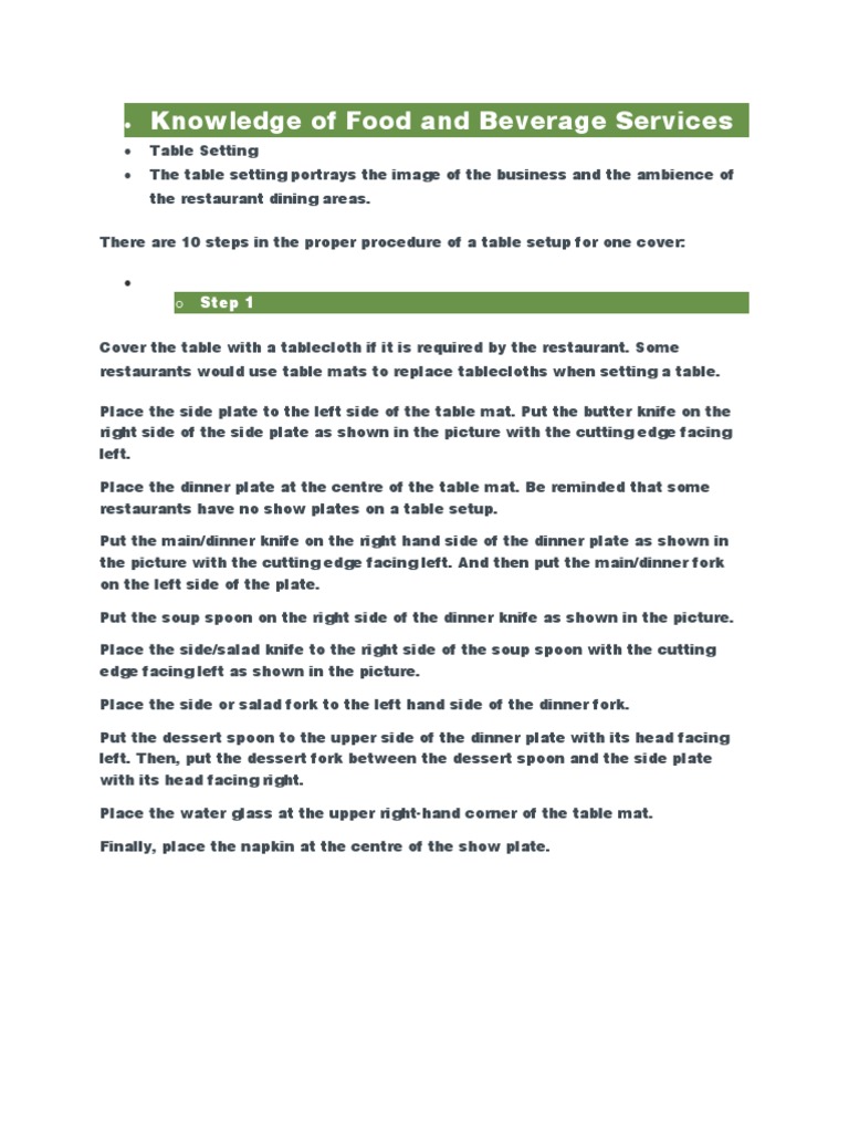 Table Setting Procedures for F&B Service | PDF | Cooking, Food & Wine