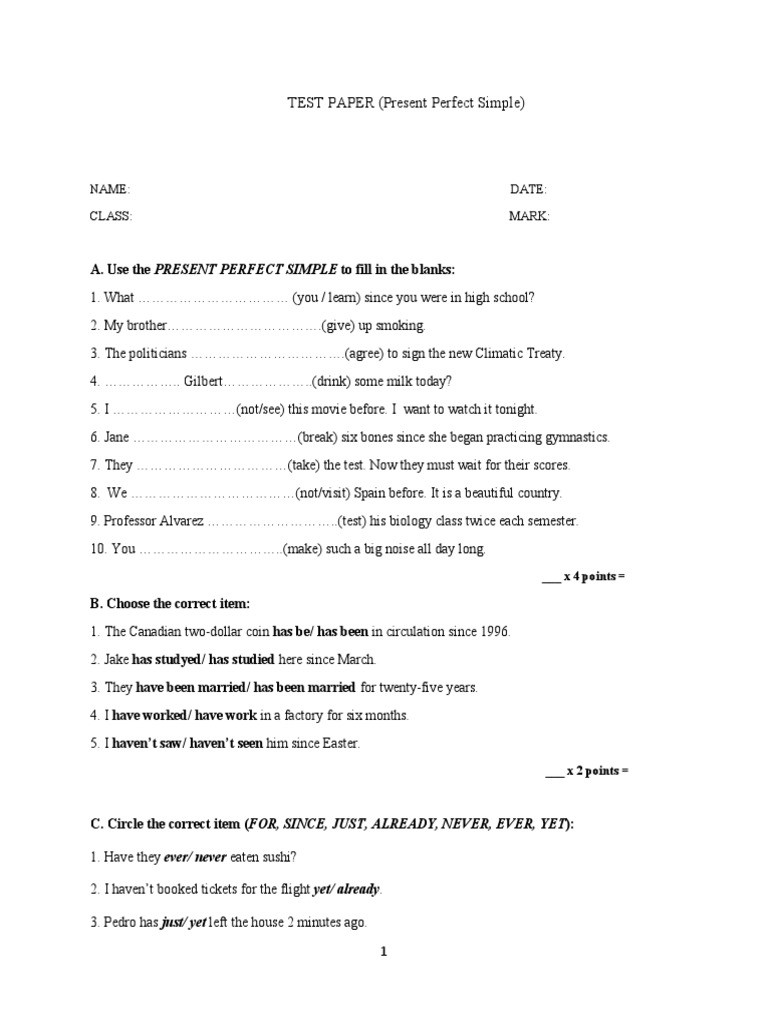 Present Perfect Simple Test Paper | PDF
