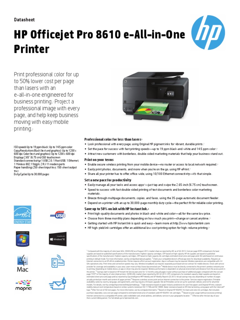 HP Officejet Pro 8610 e-All-in-One Printer: Datasheet | Download Free ...