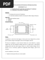 Experiment No: 8 A) Familiarization With Construction and Working of A Transformer B) Verification of Turns Ratio of Transformer