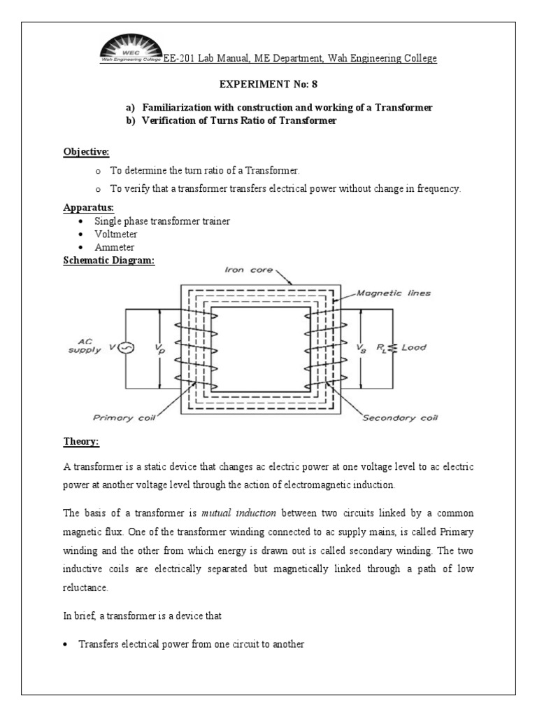 Experiment No 8 A Familiarization With Construction And Working Of A