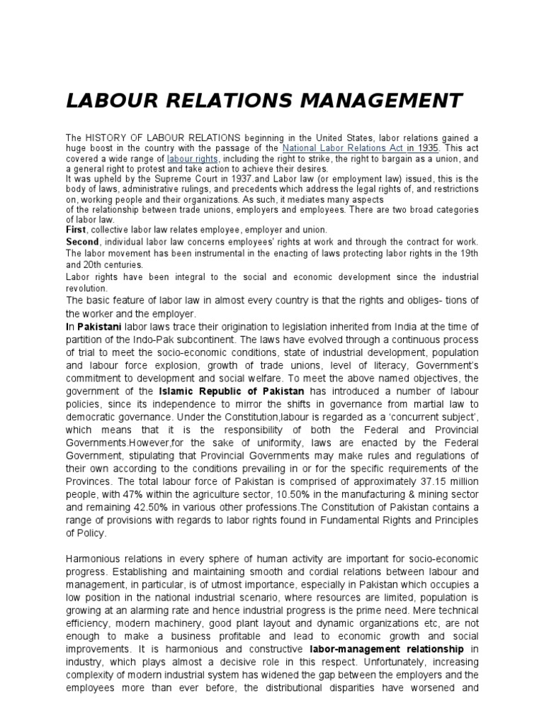 Labour Relations Management in Pakistan | PDF | Trade Union | Employment
