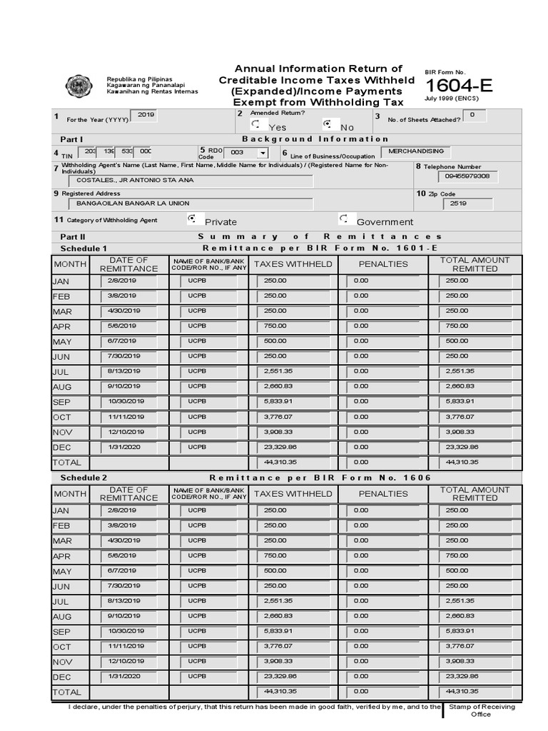 Annual Information Return of Creditable Taxes Withheld (Expanded
