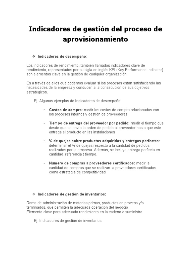 Indicadores de Gestión Del Proceso de Aprovisionamiento | PDF ...