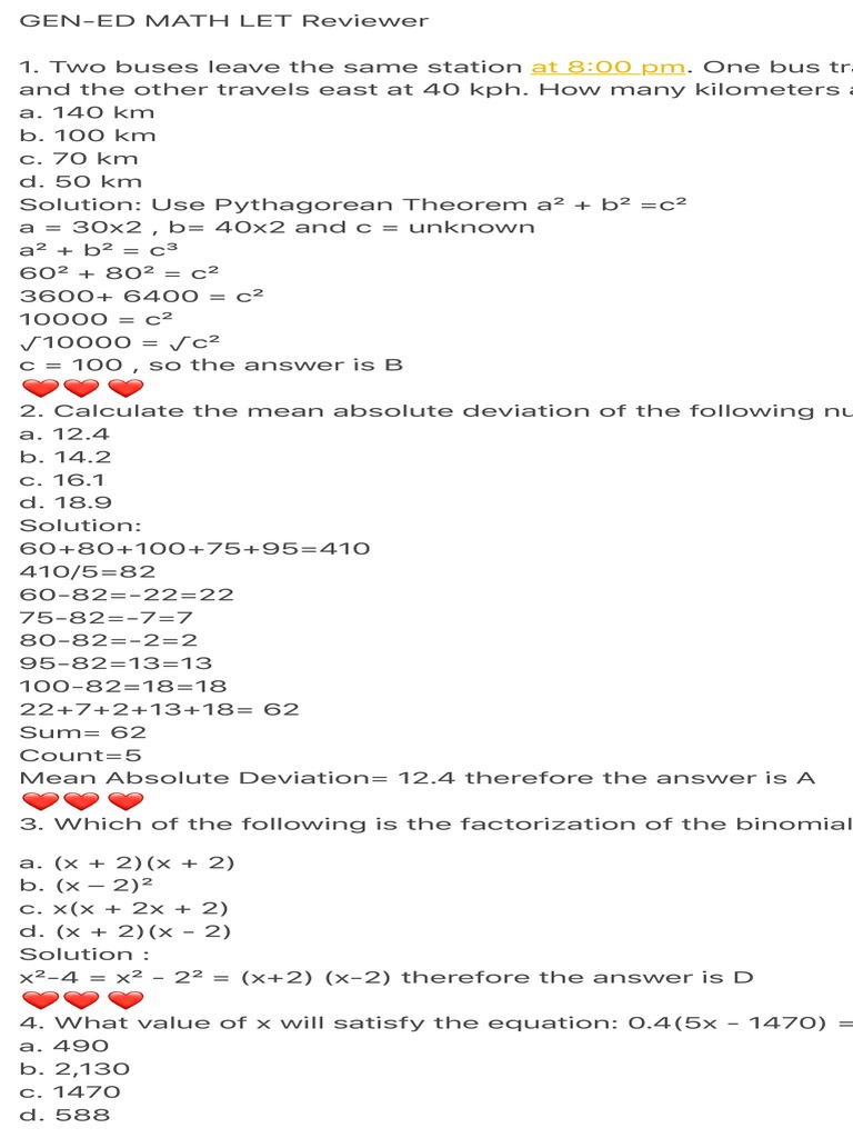 Gen Ed Math LET Reviewer with Solutions | PDF | Rectangle | Triangle