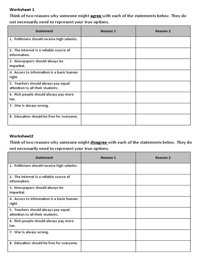 Worksheet 1: Statement Reason 1 Reason 2 | PDF