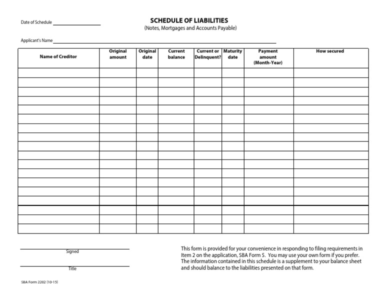SBA Form 2202: Schedule of Liabilities | PDF | Business | Finance ...