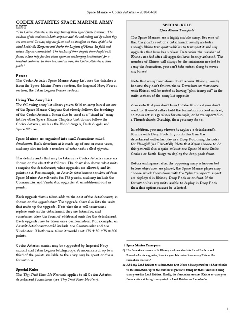 Codex Astartes Space Marine Army List: Special Rule | PDF | Military ...