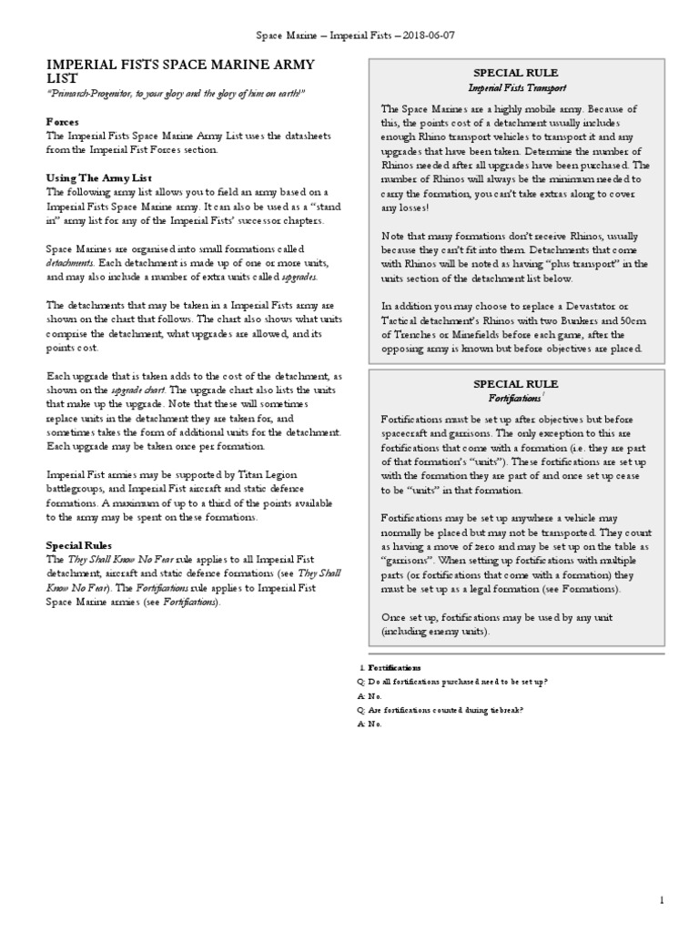 Imperial Fists Space Marine Army List: Special Rule | PDF | Infantry ...