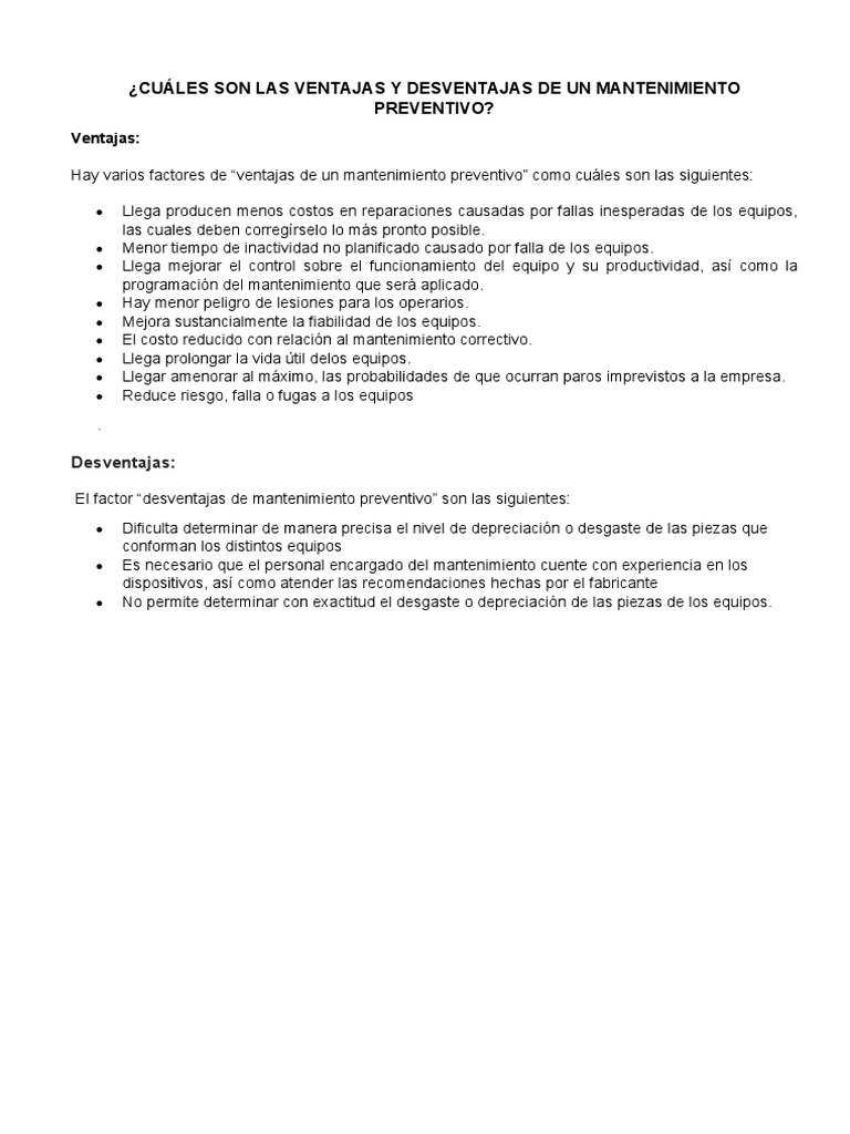 Cuáles Son Las Ventajas y Desventajas de Un Mantenimiento Preventivo | PDF