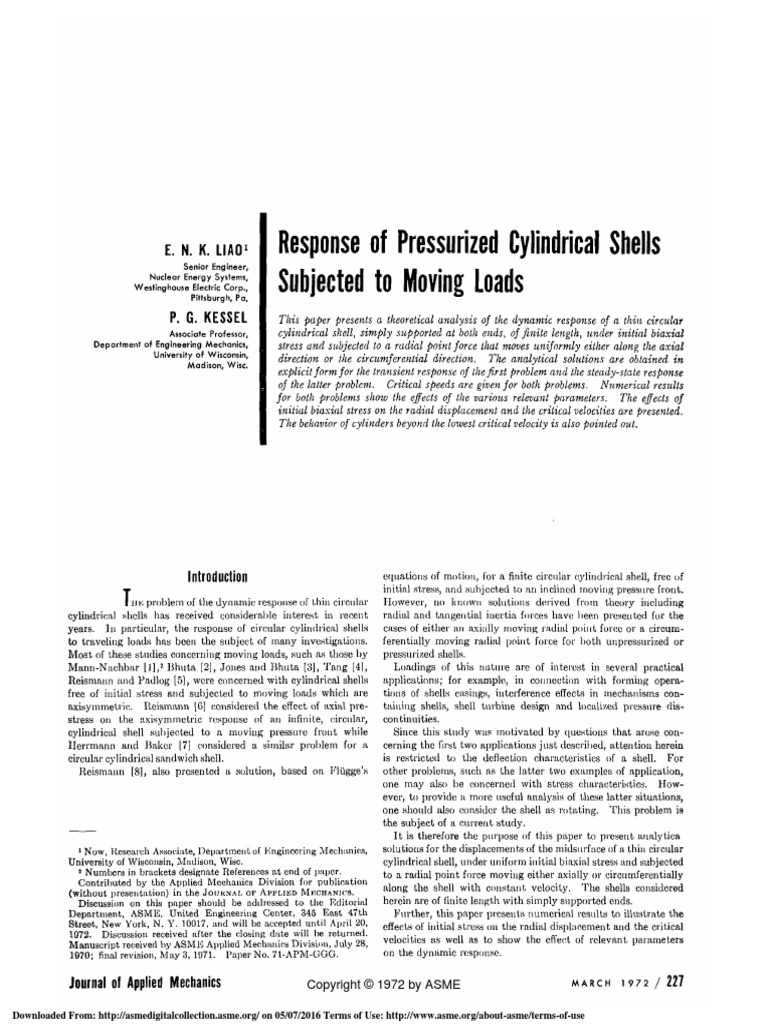 Response of Pressurized Cylindrical Shells Subjected To Moving Loads ...