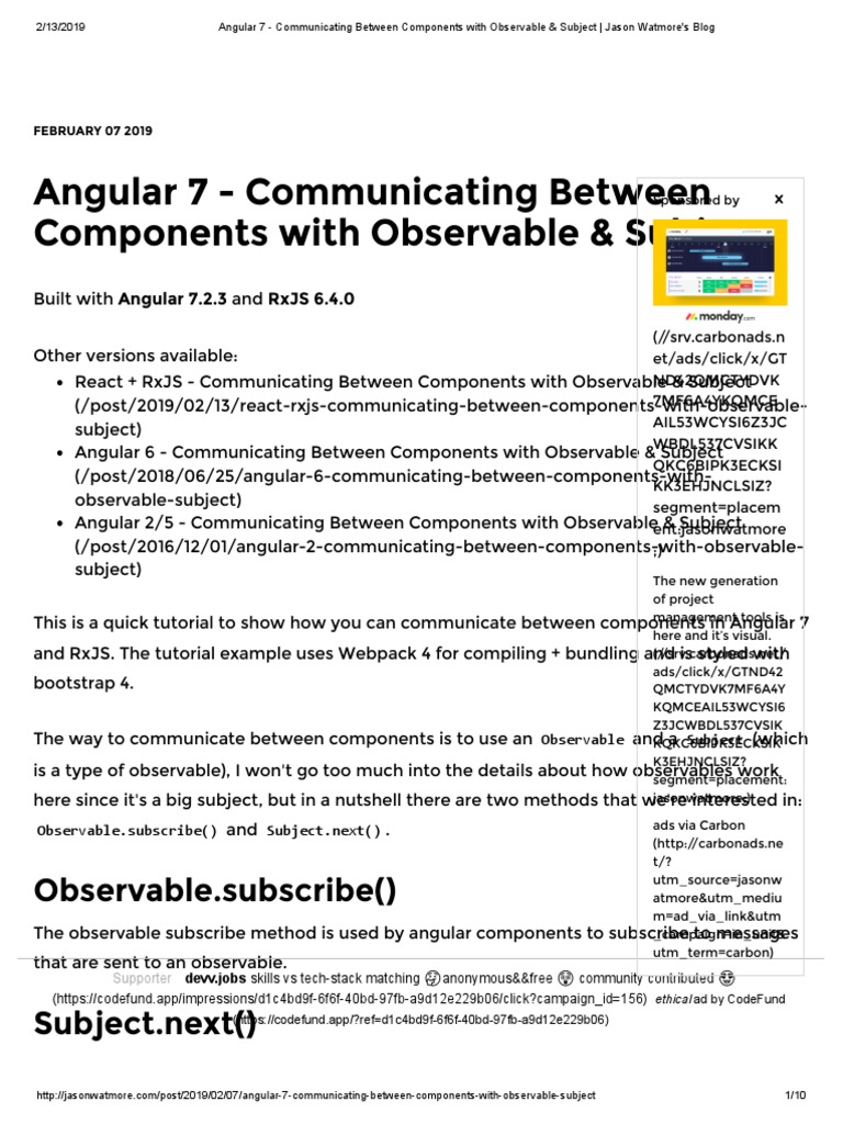 Angular 7 - Communicating Between Components With Observable & Subject ...