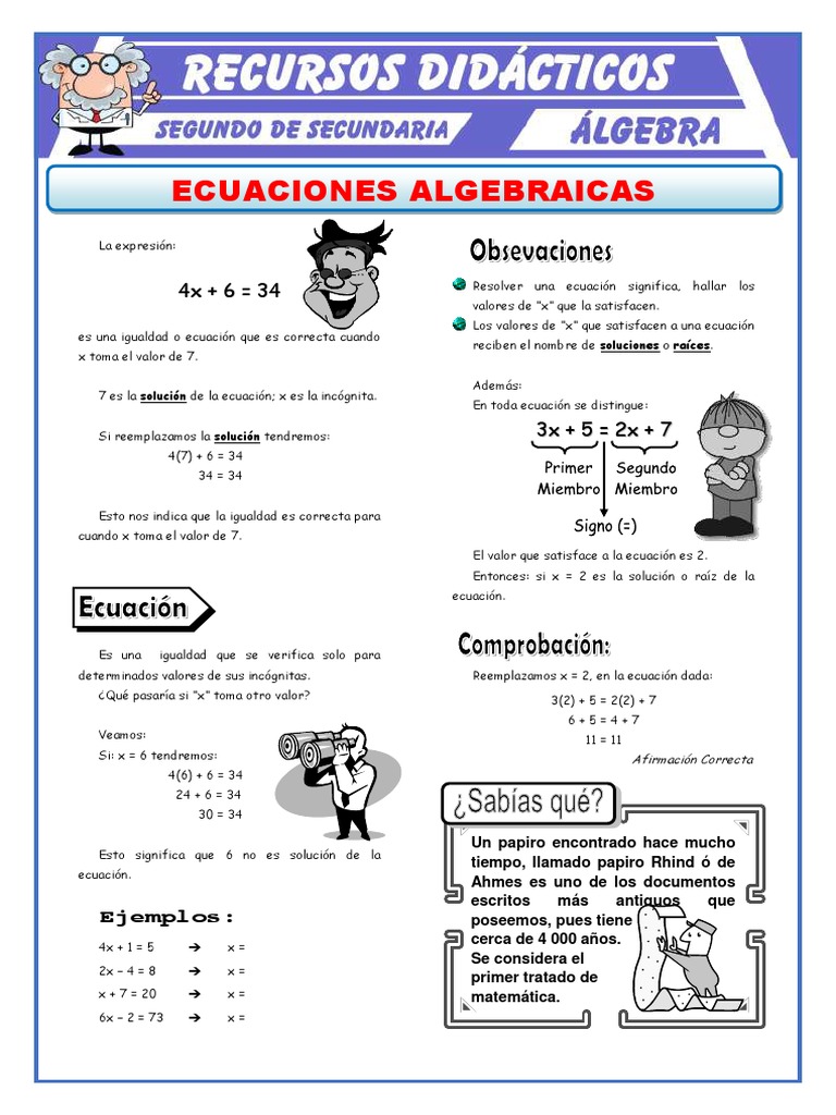 Ecuaciones Algebraicas para Segundo de Secundaria | PDF | Ecuaciones ...