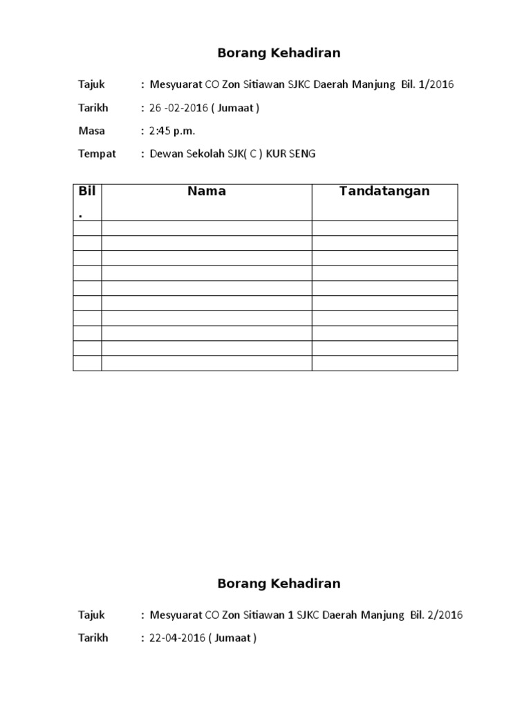 Borang Kehadiran Mesyuarat Pdf