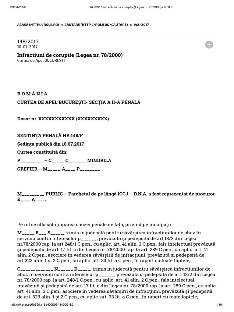 148 2017 Infractiuni De Coruptie Legea Nr 78 2000 Rolii
