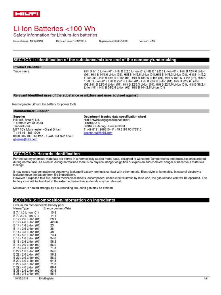 Material Safety Datasheet LI ION BATTERIES LT 100Wh EN Material Safety